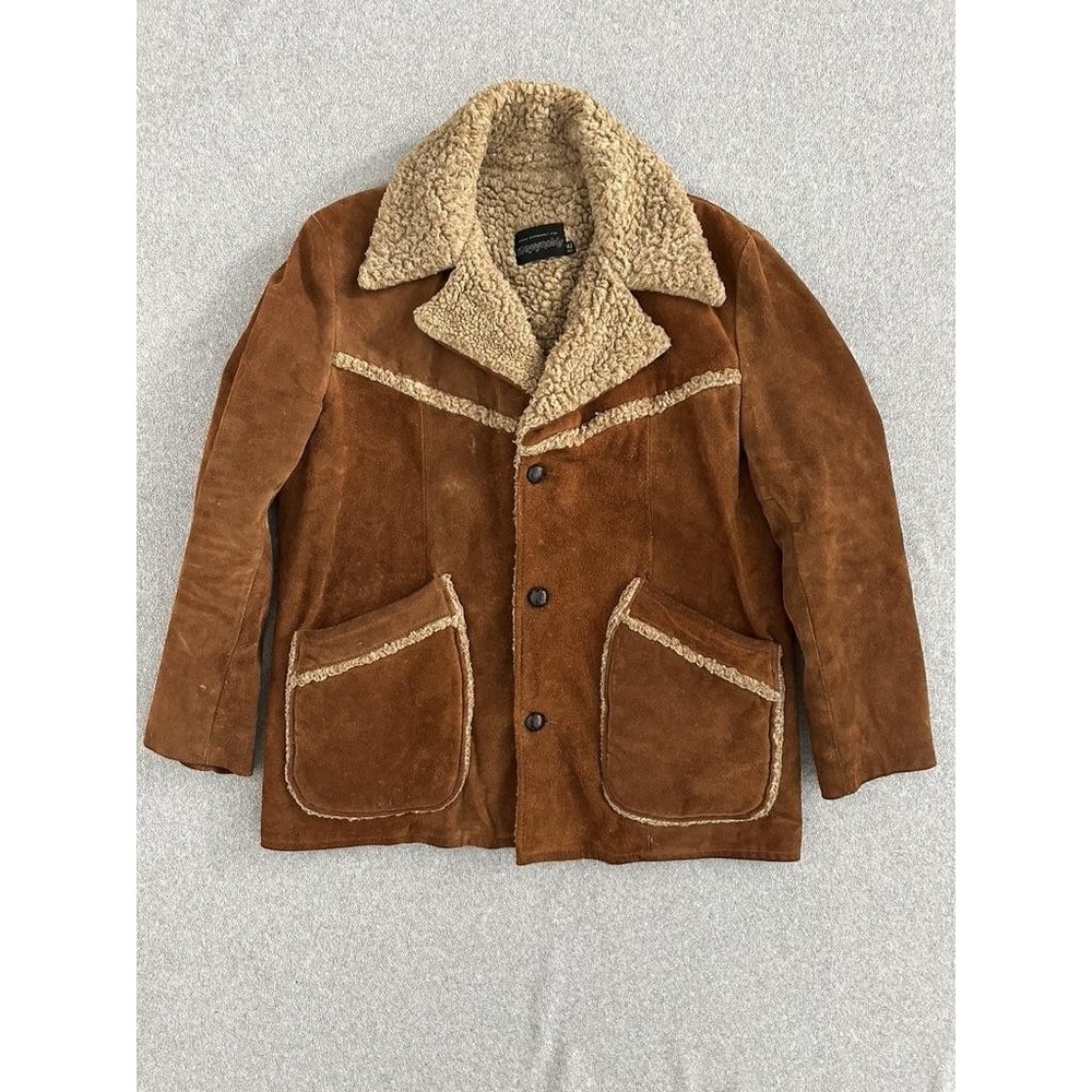 Vintage Reynolds‎ Coat Mens 42 Brown Suede Sherpa Lined Western Shawl Collar 70s
